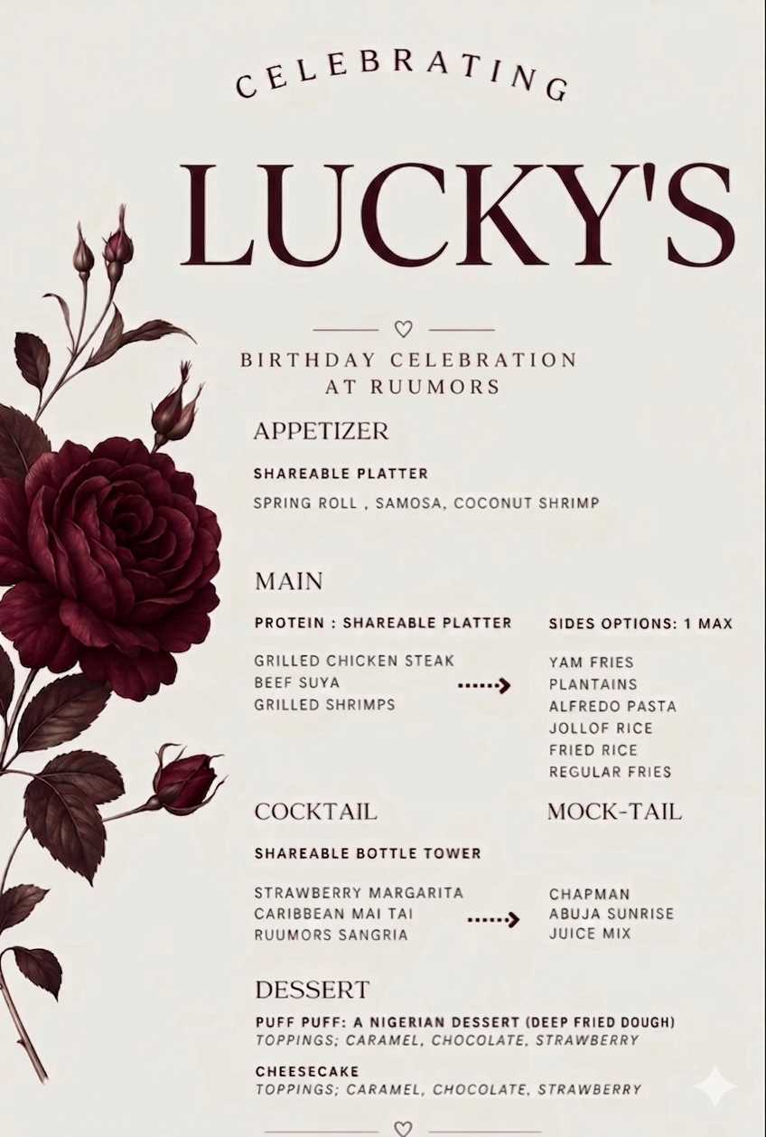 Sample birthday celebration menu at Ruumors — appetizers, mains with proteins, cocktails, mocktails and desserts